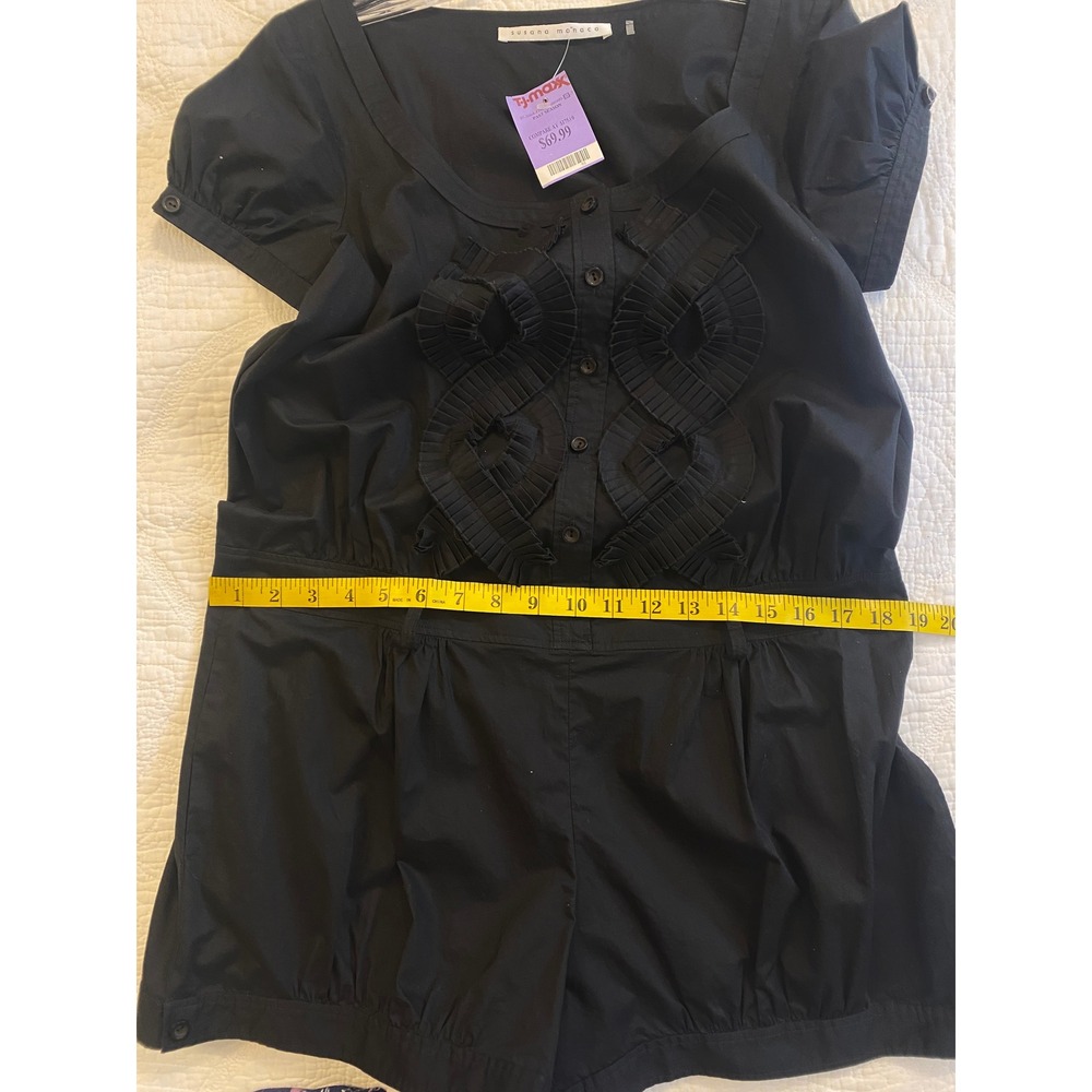 Susana Monaco Black Ruffle Button‎ Front Romper Puff Sleeve Belted NWT Size 8 - Picture 7 of 10